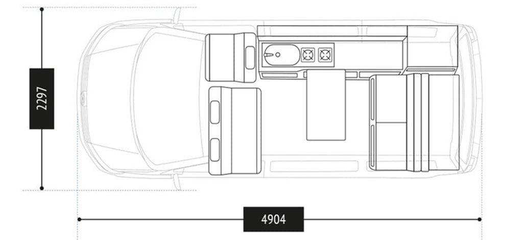 Floorplan of the Rebellion Transporter T6.1 VW Campervan Conversion 2021