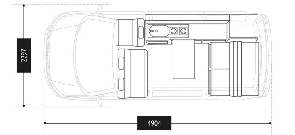 Floorplan of the Rebellion VW Transporter T6.1 Camper Union Jack Roof