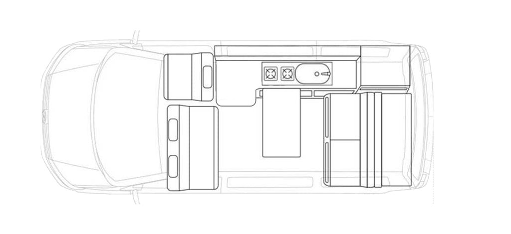 Floorplan of the Rebellion Campers VW T6.1 Van Conversion 